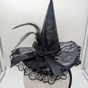 Pointy Black Witch Fascinator Costume Hat Feathers Lace Velvet Ribbon
